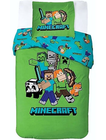 Parure de Lit Minecraft World Enfant, 100% Coton Oeko-Tex, Lit 1 place, BLOCK