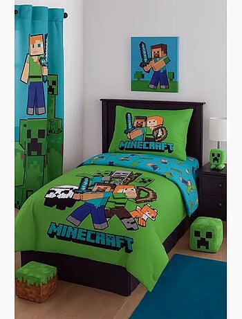 Parure de Lit Minecraft World Enfant, 100% Coton Oeko-Tex, Lit 1 place, BLOCK