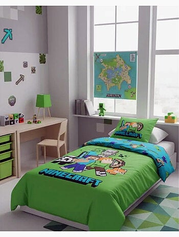 Parure de Lit Minecraft World Enfant, 100% Coton Oeko-Tex, Lit 1 place, BLOCK