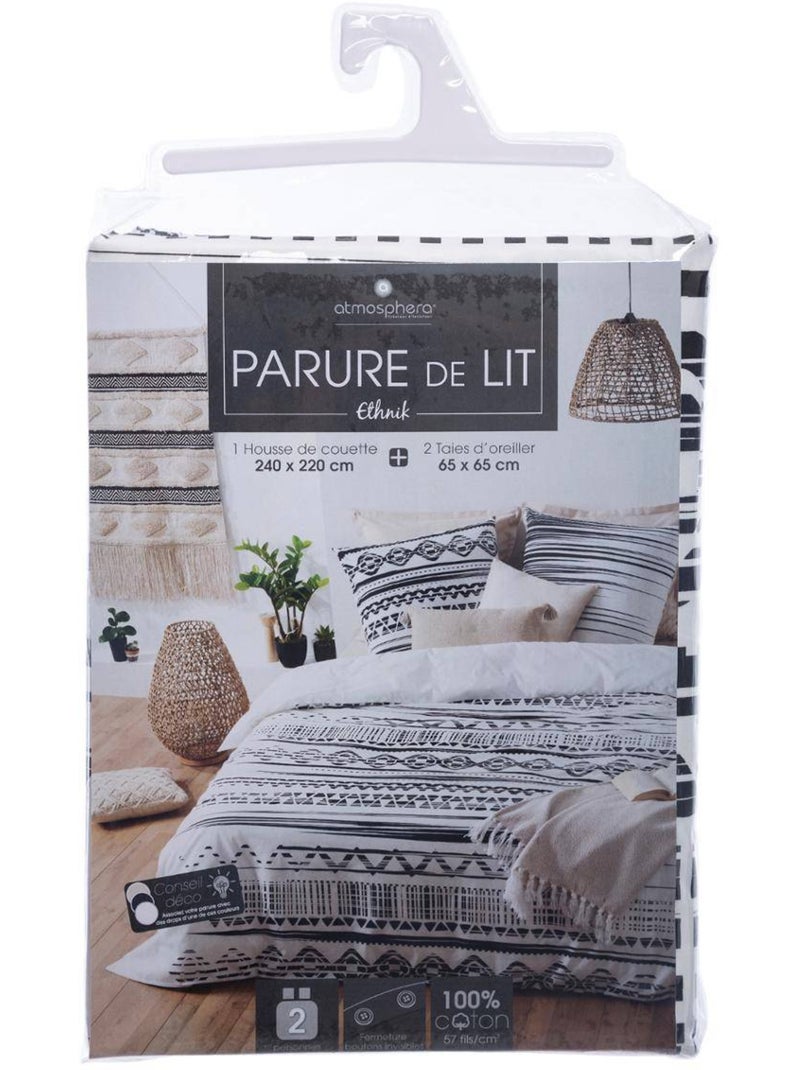 Parure de lit motifs graphiques ETNIK Noir Blanc - Kiabi