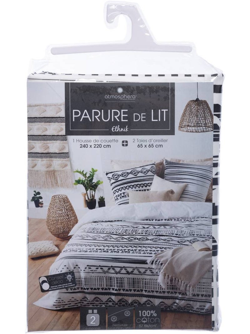 Parure de lit motifs graphiques ETNIK Noir Blanc - Kiabi