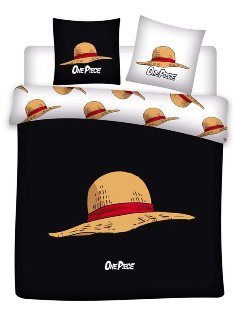 Parure de Lit One Piece Imprimée Réversible Lit 2 places Polycoton Oeko Tex, CHAPEAU DE PAILLE Noir - Kiabi