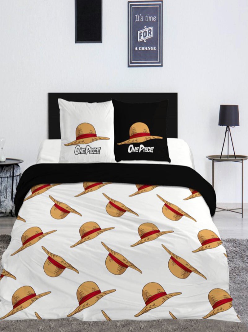 Parure de Lit One Piece Imprimée Réversible Lit 2 places Polycoton Oeko Tex, CHAPEAU DE PAILLE Noir - Kiabi