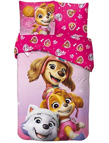Parure de Lit Pat Patrouille Enfant, 100% Coton Oeko Tex, Imprimée Réversible, Lit 1 place, PINK