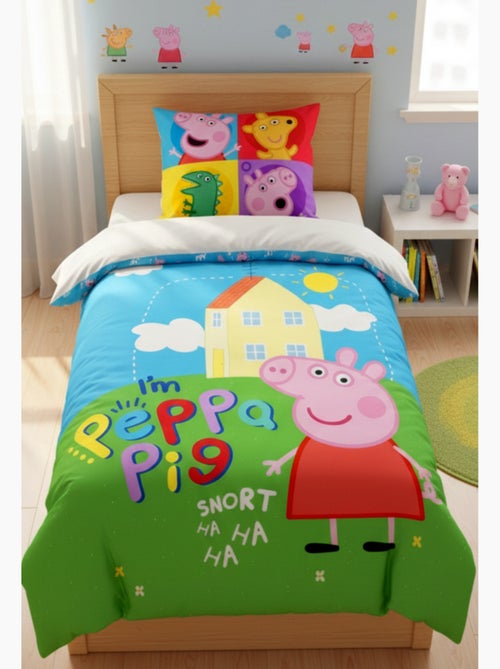 Parure de Lit Peppa Pig Enfant, 100% Coton Oeko-Tex, Imprimée Réversible, Lit 1 place - Kiabi