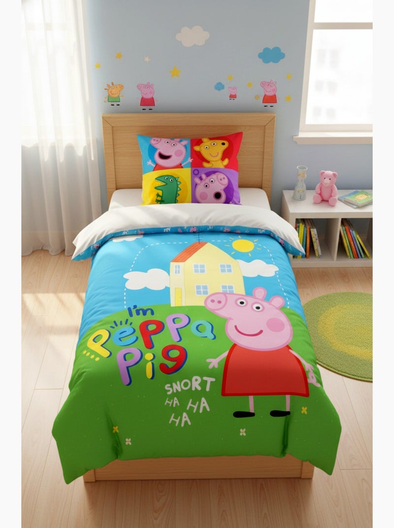 Parure de Lit Peppa Pig Enfant, 100% Coton Oeko-Tex, Imprimée Réversible, Lit 1 place Bleu Bleu - Kiabi