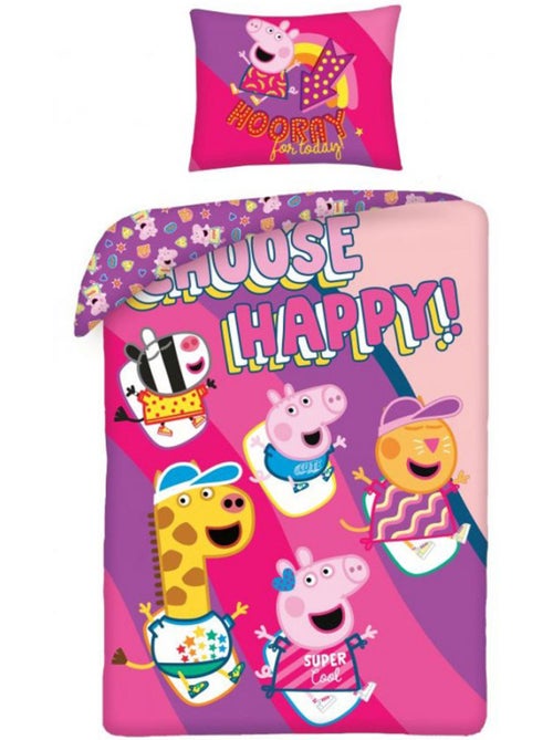 Parure de Lit Peppa Pig Happy 140x200 cm Coton - Housse de couette enfant - Kiabi