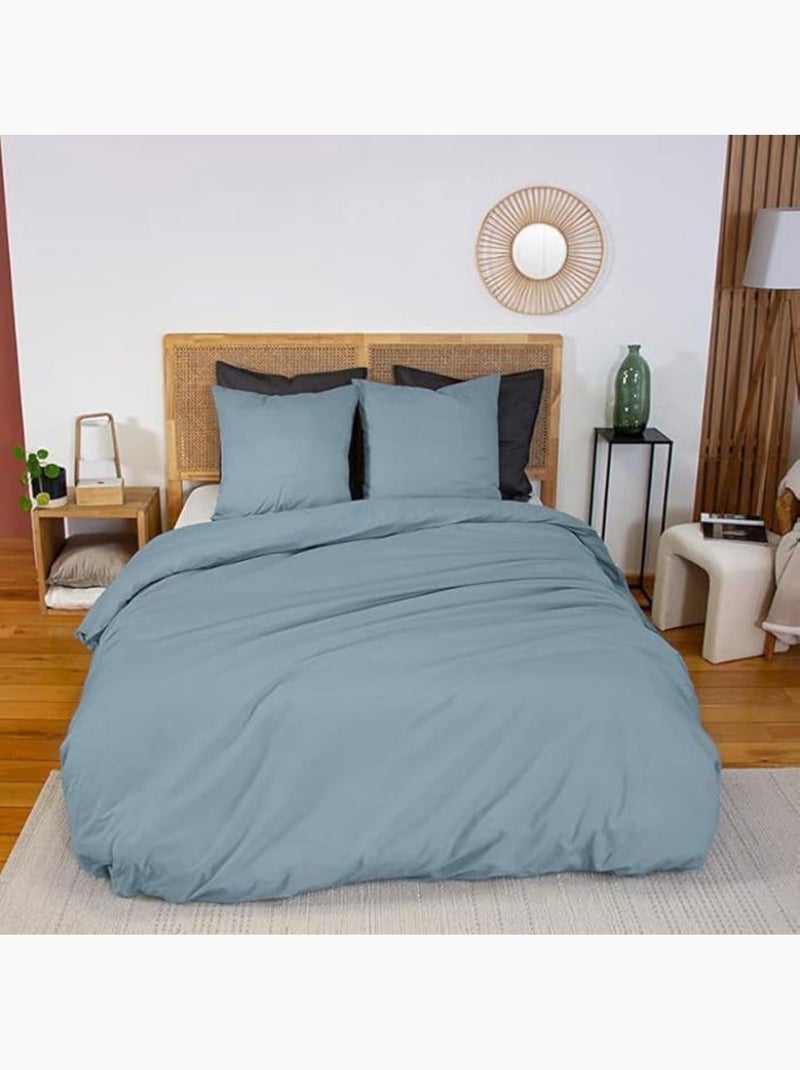 Parure de lit percale coton - 3 pièces Bleu - Kiabi