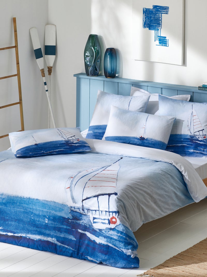 Parure de lit percale de coton collection REGATE Taie 50x70 cm Blanc Bleu - Kiabi