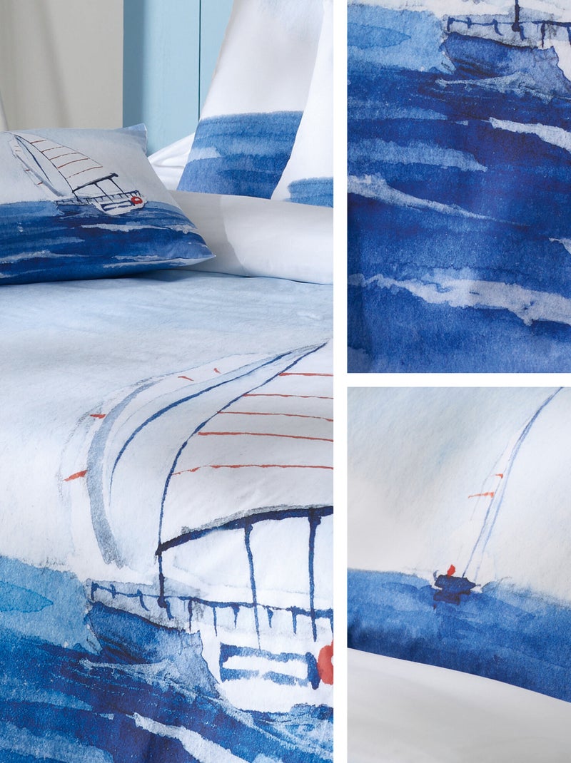 Parure de lit percale de coton collection REGATE Taie 50x70 cm Blanc Bleu - Kiabi