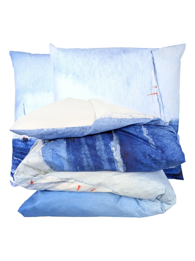 Parure de lit percale de coton collection REGATE Taie 65x65 cm Blanc Bleu - Kiabi