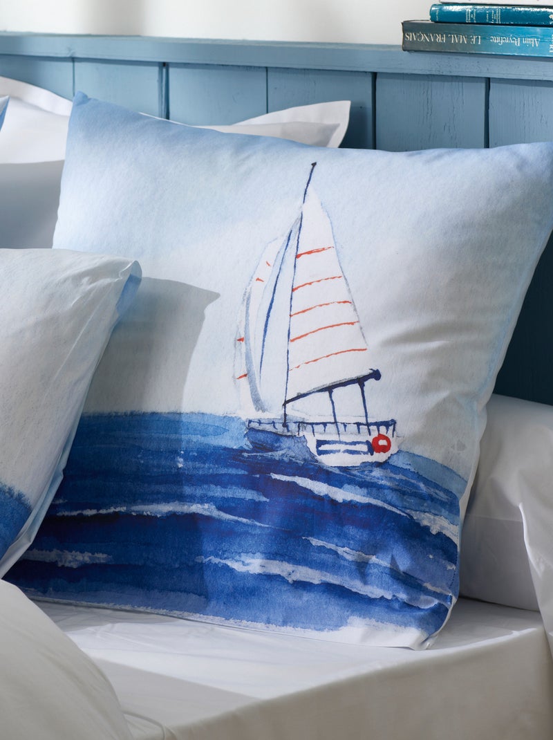Parure de lit percale de coton collection REGATE Taie 65x65 cm Blanc Bleu - Kiabi