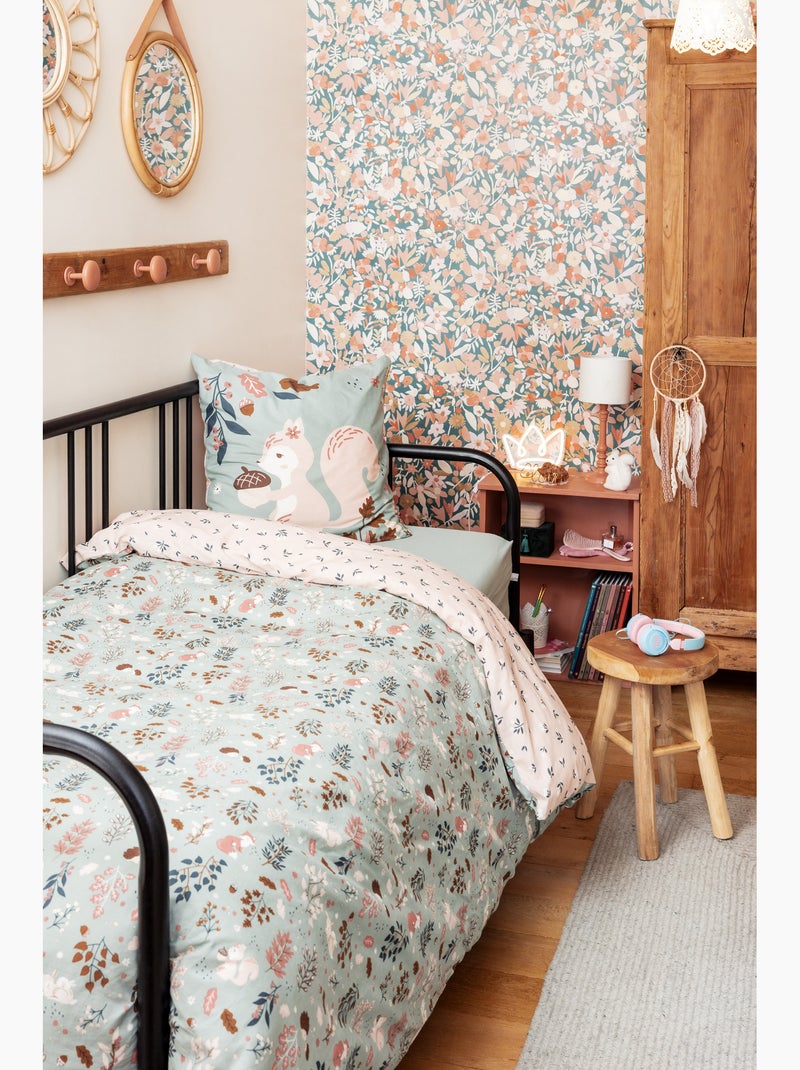 Parure de lit réversible + 2 taies d’oreiller – Coton 57 fils – Ecureuil Tamia Bleu - Kiabi
