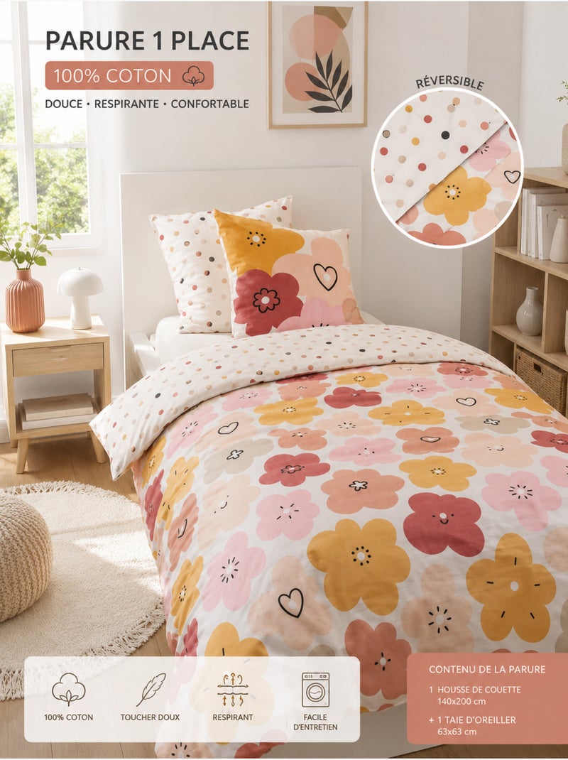 Parure de lit réversible 3 pièces Coton imprimé POPPY Rose - Kiabi