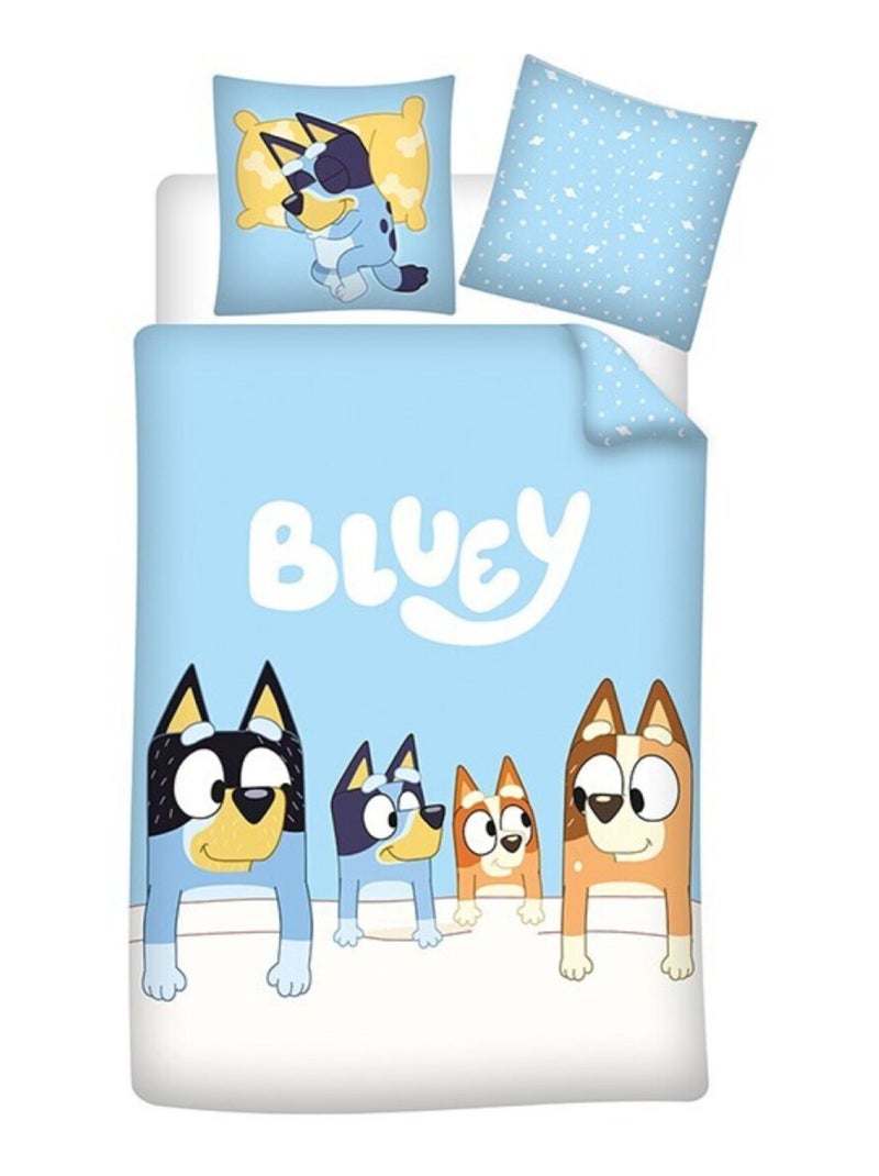 Parure de Lit Réversible Bluey Family – Housse de Couette 140x200 cm + Taie d'oreiller 65x65 cm Blanc Bleu - Kiabi