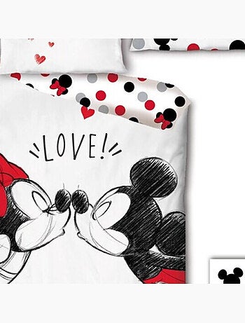Parure de lit réversible Disney Mickey et Minnie qui s'embrassent - -Love !- - 140 cm x 200 cm