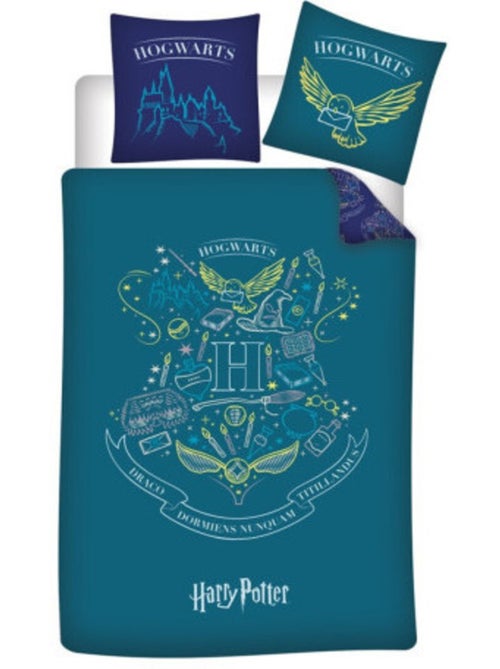 Parure de lit réversible Harry Potter - Blason -Hogwarts- - Bleue et Vert - 140 cm x 200 cm - Kiabi