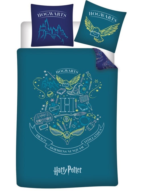 Parure de lit réversible Harry Potter - Blason -Hogwarts- - Bleue et Vert - 140 cm x 200 cm - Kiabi