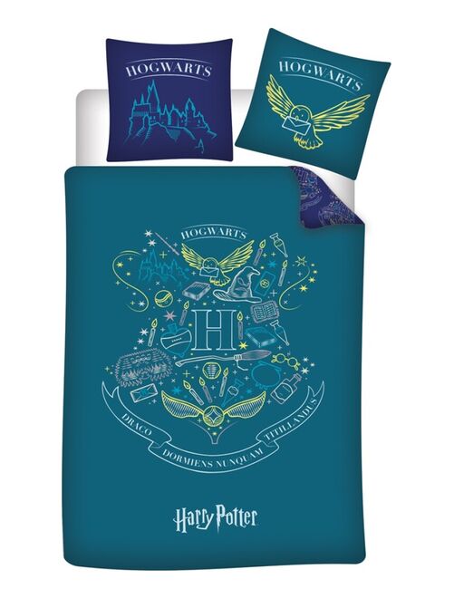 Parure de lit réversible Harry Potter - Blason "Hogwarts" - Bleue et Vert - 140 cm x 200 cm - Kiabi