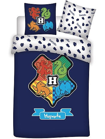 Parure de lit réversible Harry Potter - Blason Hogwarts - Les 4 Maisons Rouge, Vert, Jaune et Bleu -
