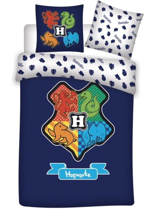 Parure de lit réversible Harry Potter - Blason Hogwarts - Les 4 Maisons Rouge, Vert, Jaune et Bleu - - Kiabi
