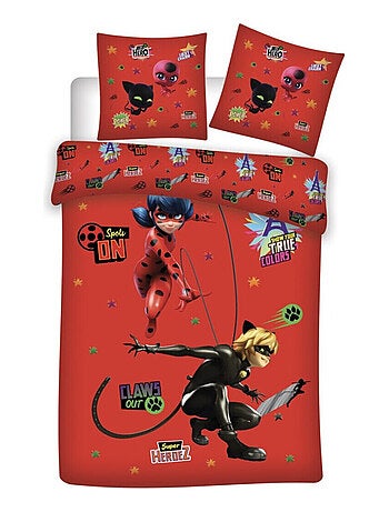 Parure de lit réversible Miraculous Ladybug et Chat Noir - Rouge - 140 cm x 200 cm