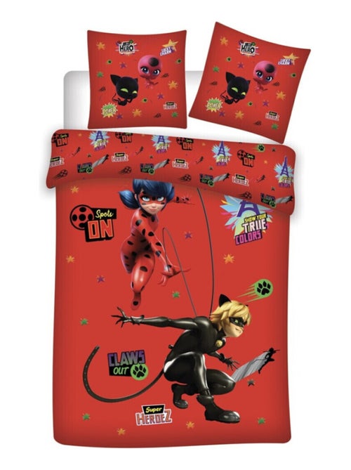 Parure de lit réversible Miraculous Ladybug et Chat Noir - Rouge - 140 cm x 200 cm - Kiabi