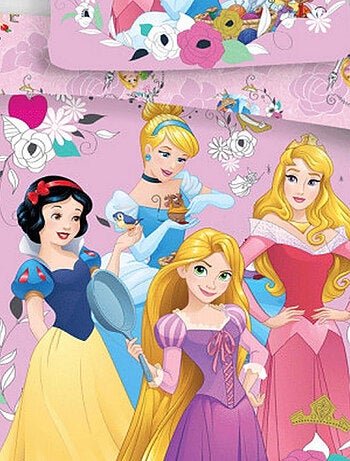 Parure de lit réversible Princesses Disney - modèle Cendrillon, Raiponce, Blanche-Neige et La Belle