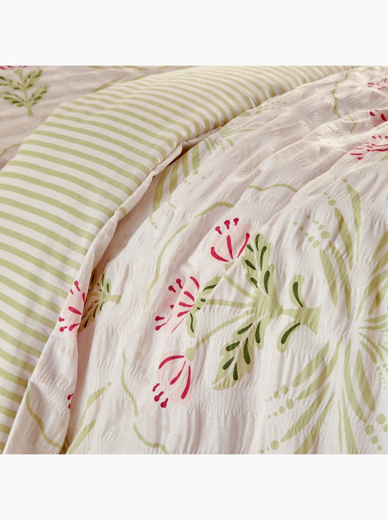 Parure de lit réversible texturée 3 pièces florale housse + taies Vert - Kiabi