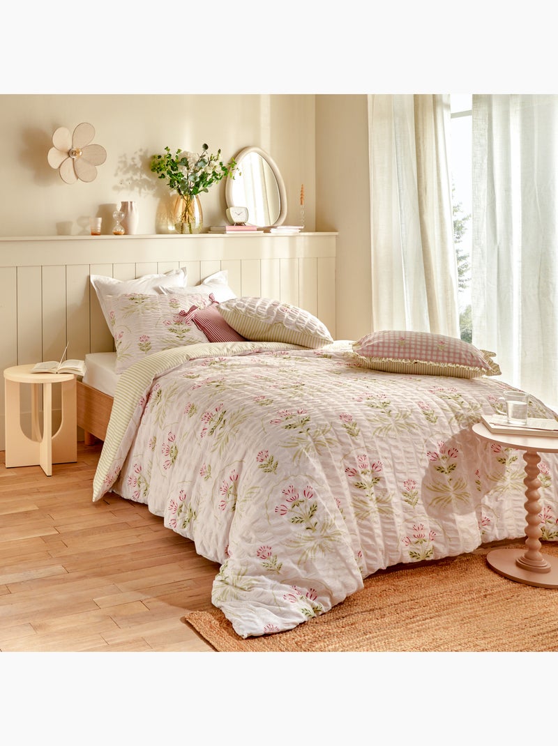 Parure de lit réversible texturée 3 pièces florale housse + taies Vert - Kiabi