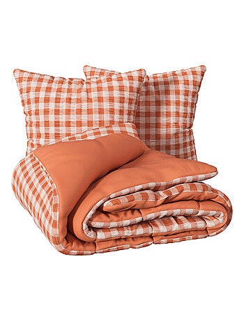 Parure de lit réversible texturée 3 pièces vichy housse + taies