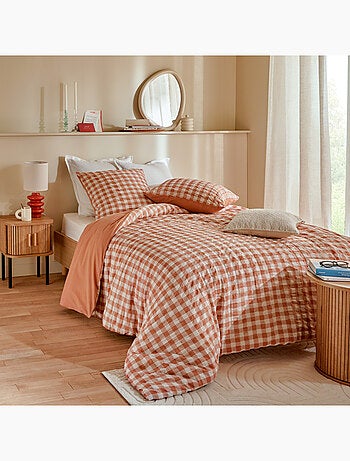 Parure de lit réversible texturée 3 pièces vichy housse + taies