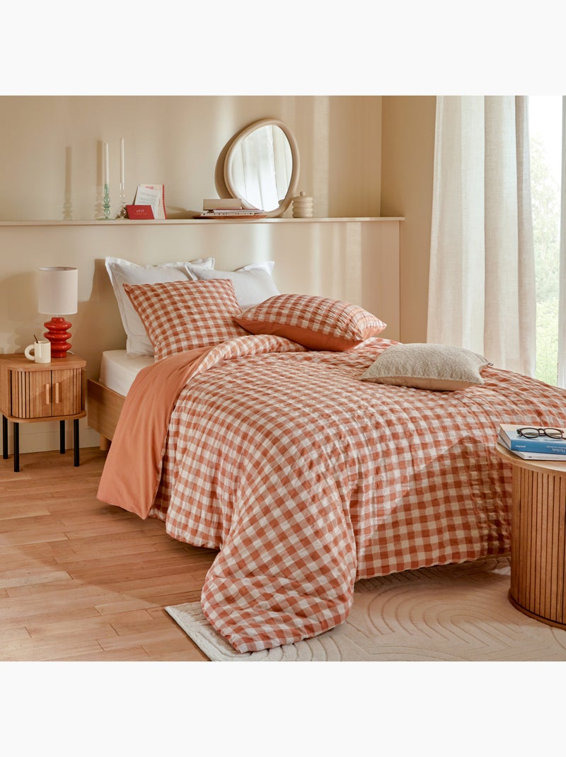 Parure de lit réversible texturée 3 pièces vichy housse + taies Orange - Kiabi