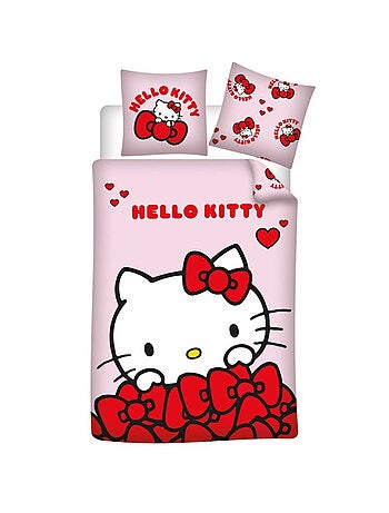 Parure de lit rose et rouge - Hello Kitty avec des cœurs et des nœud papillons - 140x200 cm