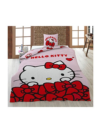 Parure de lit rose et rouge - Hello Kitty avec des cœurs et des nœud papillons - 140x200 cm