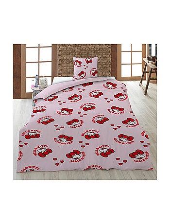 Parure de lit rose et rouge - Hello Kitty avec des cœurs et des nœud papillons - 140x200 cm