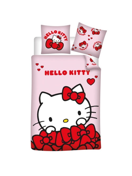 Parure de lit rose et rouge - Hello Kitty avec des cœurs et des nœud papillons  - 140x200 cm - Kiabi