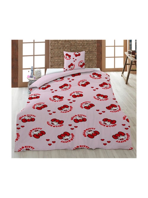 Parure de lit rose et rouge - Hello Kitty avec des cœurs et des nœud papillons  - 140x200 cm - Kiabi