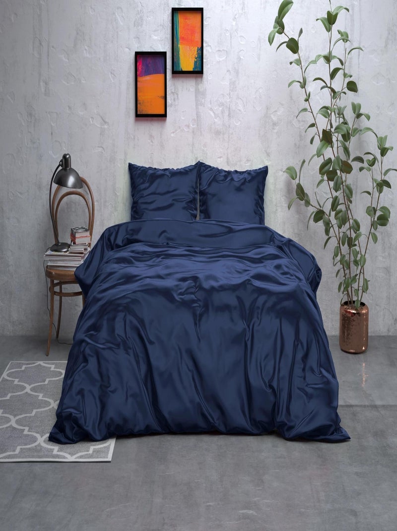 Parure de Lit Satin Bleu Nuit Bleu - Kiabi
