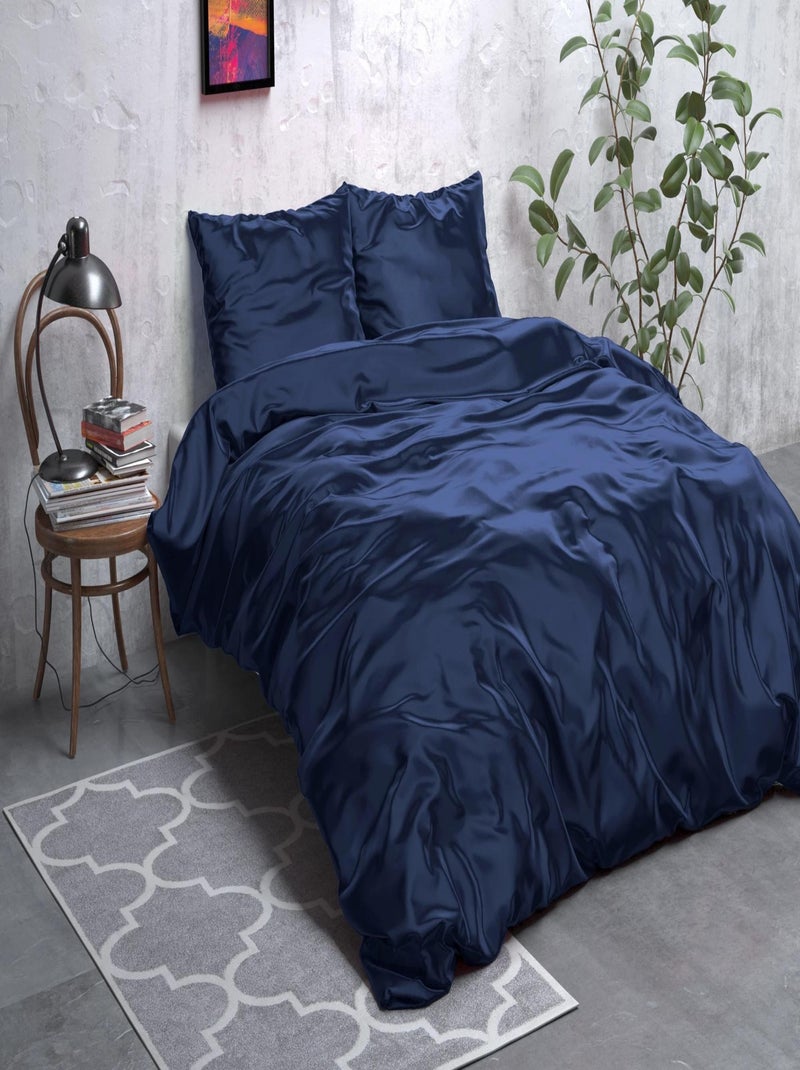 Parure de Lit Satin Bleu Nuit Bleu - Kiabi