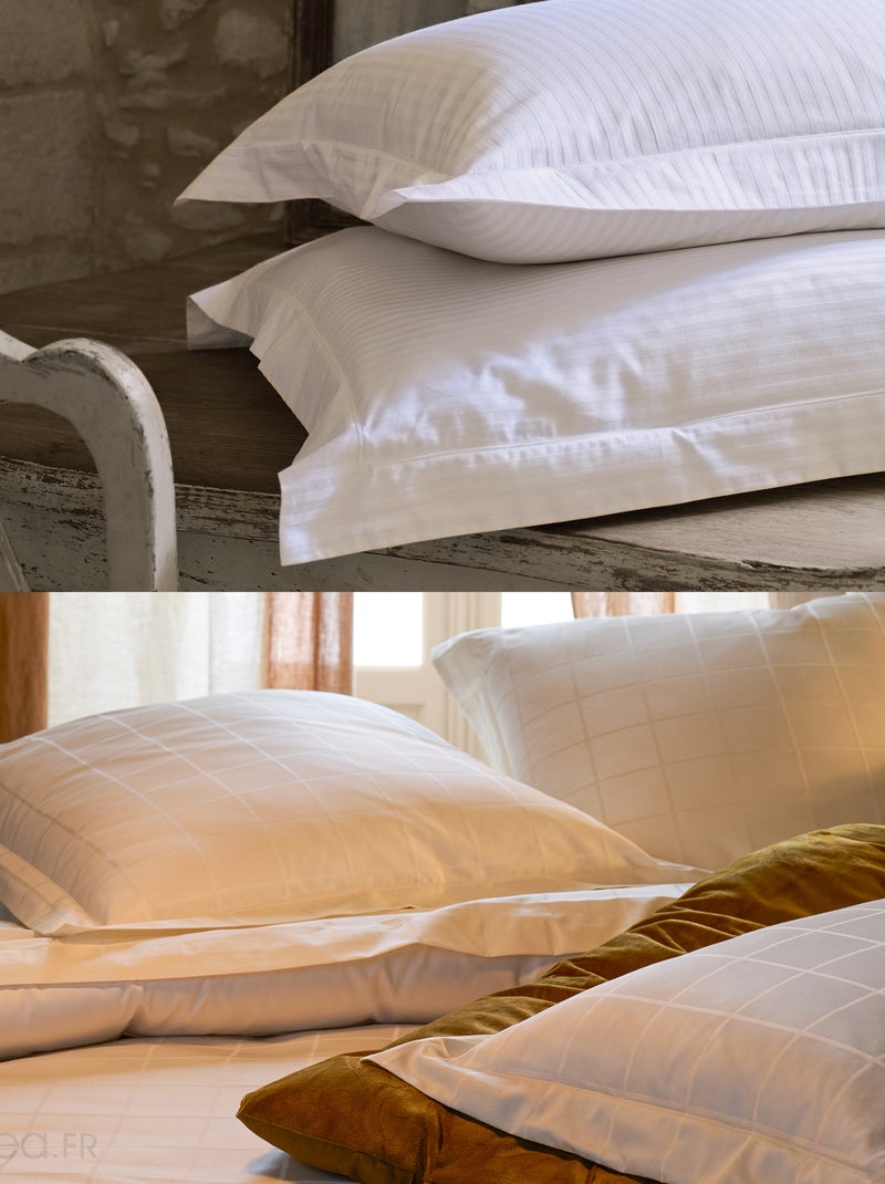 Parure de lit satin de coton CONCERTO Taie 65x65 cm Carreaux Blanc - Kiabi