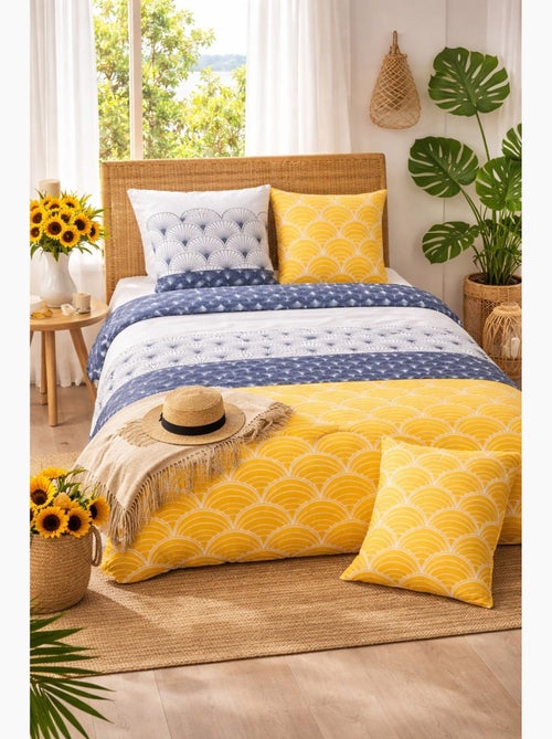 Parure de lit soleil graphique - 100% coton 57 fils/cm² - 240x220 / jaune - Kiabi Parure de lit soleil graphique - 100% coton 57 fils/cm² - 240x220 / jaune - Kiabi