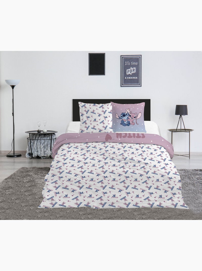 Parure de Lit Stitch & Angel Disney 200x200 cm + 2 Taies 65x65 cm Polycoton Noir Mauve Blanc - Kiabi