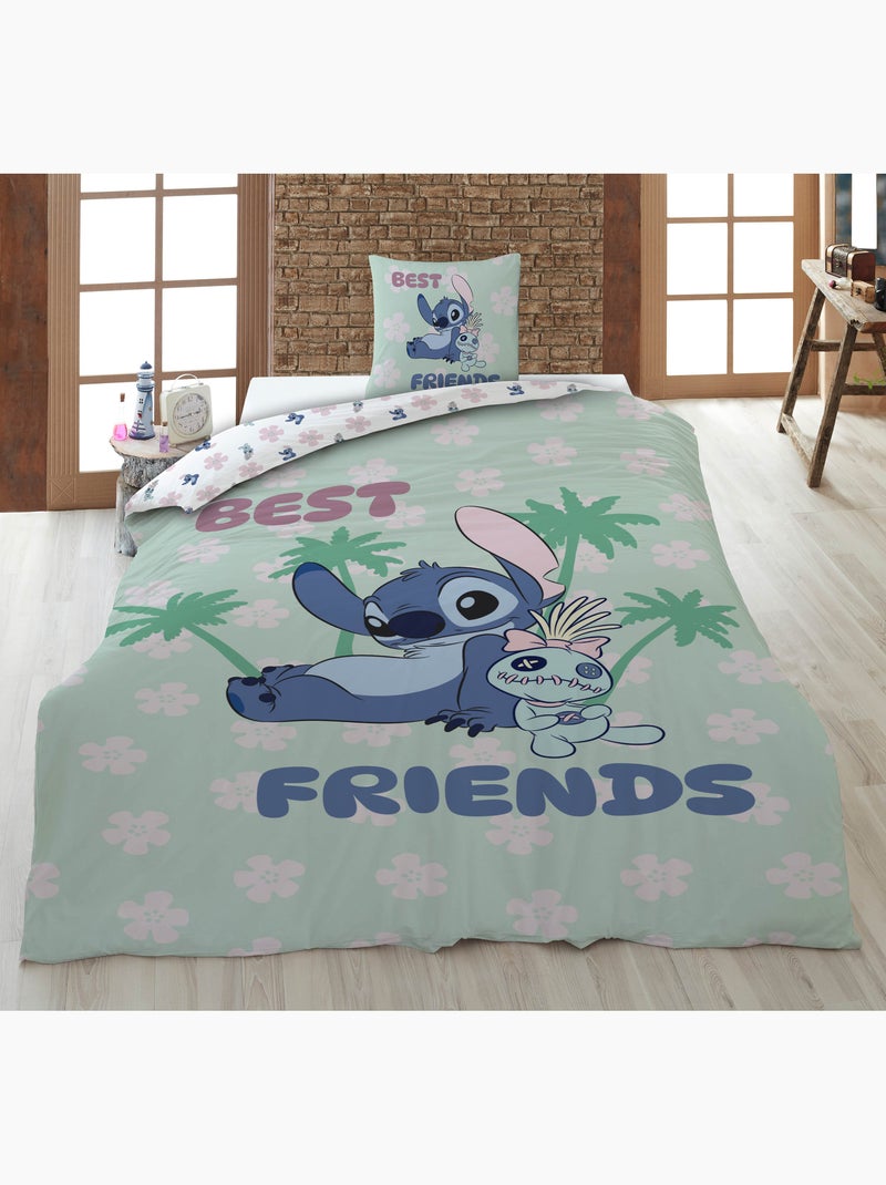 Parure de Lit Stitch et Scrump 140x200 cm + Taie 65x65 cm Polycoton Beige/Vert - Kiabi