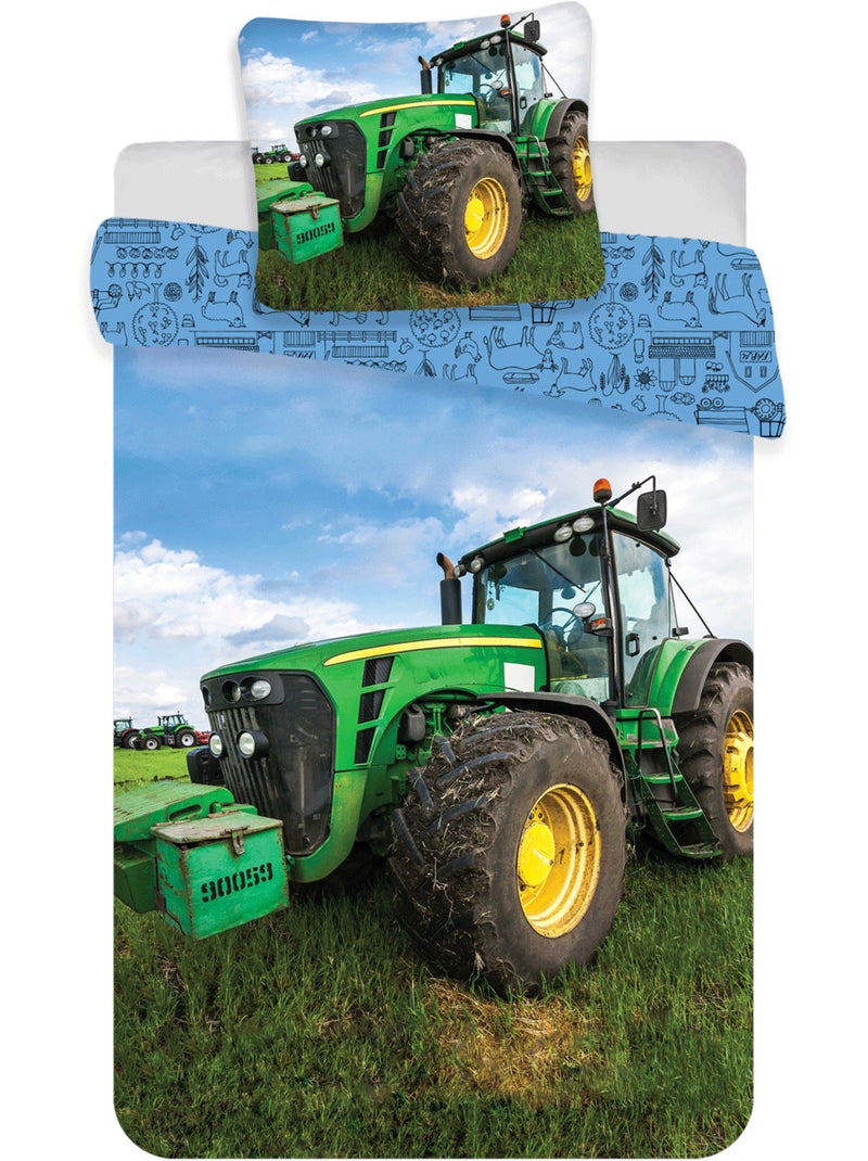 Parure de Lit Tracteur Vert Enfant, 100% Coton Oeko-Tex, Lit 1 place, CAMPAGNE Bleu - Kiabi