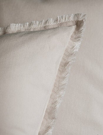 Parure de lit unie en coton taies carrées à franges, COTON LAVÉ