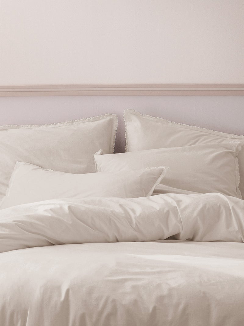 Parure de lit unie en coton taies carrées à franges, COTON LAVÉ Beige - Kiabi