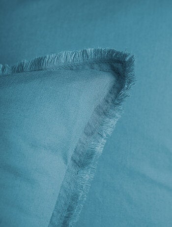 Parure de lit unie en coton taies carrées à franges, COTON LAVÉ