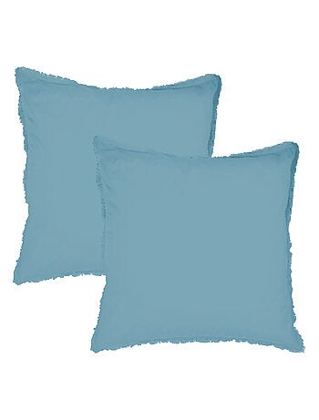 Parure de lit unie en coton taies carrées à franges, COTON LAVÉ