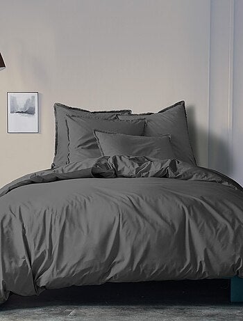 Parure de lit unie en coton taies carrées à franges, COTON LAVÉ